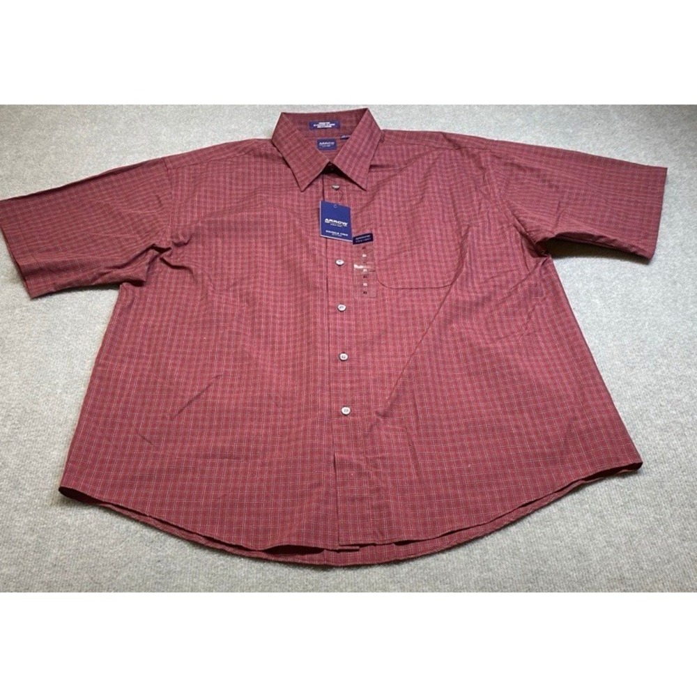 NWT Arrow Button Up Shirt Mens XL Red Grid Wrinkle Free Short Sleeve Office